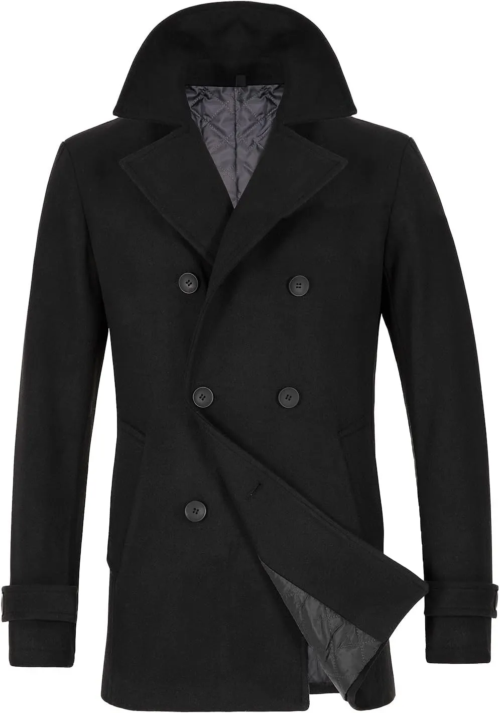 Lisskolo Men's Wool Blend Double Breasted Pea Coat Classic Notched Collar Warm Woolen Coats Winter Outwear Jackets