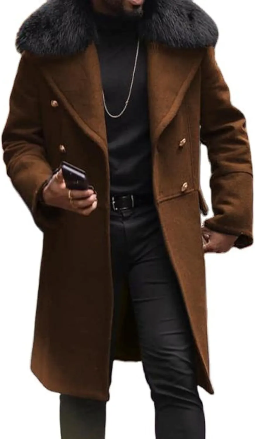 Maiyifu-GJ Mens Wool Blend Double Breasted Overcoat Winter Slim Fit Long Trench Coat Classic Lightweight Business Pea Jacket