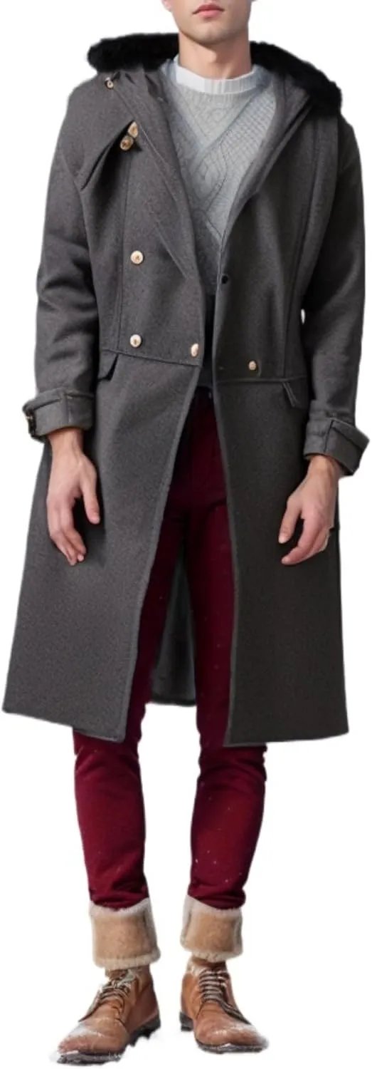 Maiyifu-GJ Mens Wool Blend Double Breasted Overcoat Winter Slim Fit Long Trench Coat Classic Lightweight Business Pea Jacket