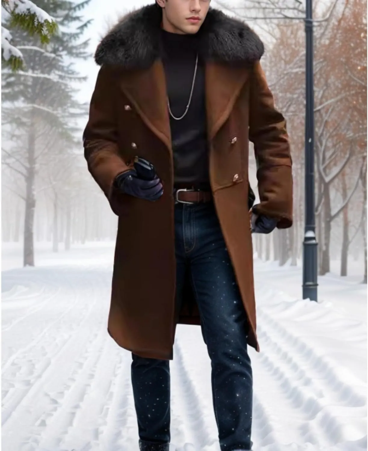 Maiyifu-GJ Mens Wool Blend Double Breasted Overcoat Winter Slim Fit Long Trench Coat Classic Lightweight Business Pea Jacket