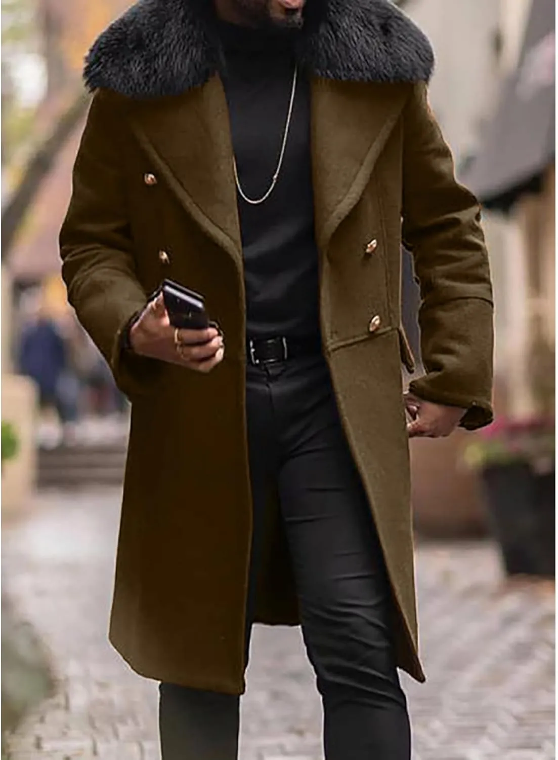 Maiyifu-GJ Mens Wool Blend Double Breasted Overcoat Winter Slim Fit Long Trench Coat Classic Lightweight Business Pea Jacket