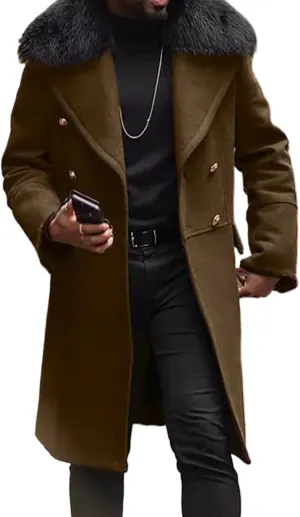Maiyifu-GJ Mens Wool Blend Double Breasted Overcoat Winter Slim Fit Long Trench Coat Classic Lightweight Business Pea Jacket