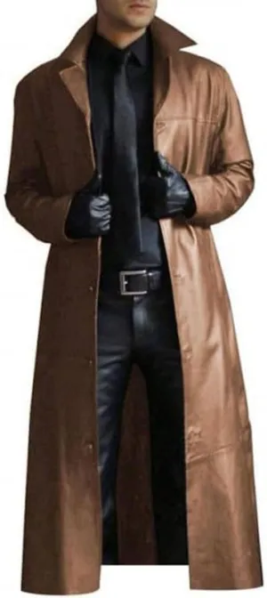 Mens Leather Trench Coat Full Length Brown Classic Faux Leather Long Coat