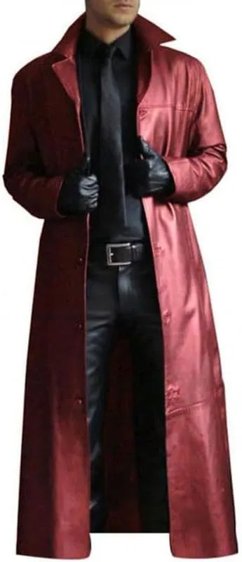 Mens Leather Trench Coat Full Length Red Classic Faux Leather Long Coat