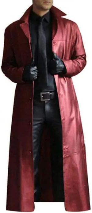 Mens Leather Trench Coat Full Length Red Classic Faux Leather Long Coat