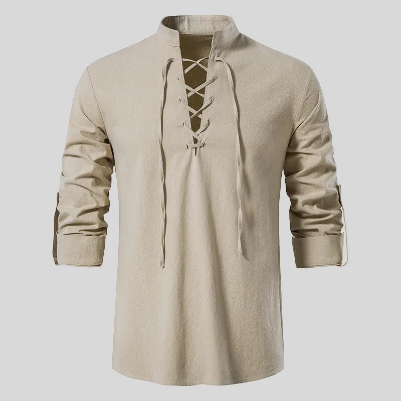 Mens Long-Sleeve Shirt - Relaxed Fit - Lace-Up V-Neck - Casual Boho Style