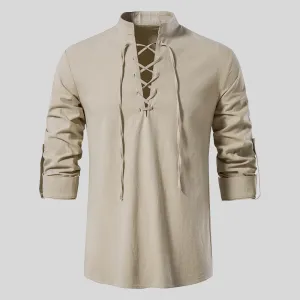 Mens Long-Sleeve Shirt - Relaxed Fit - Lace-Up V-Neck - Casual Boho Style