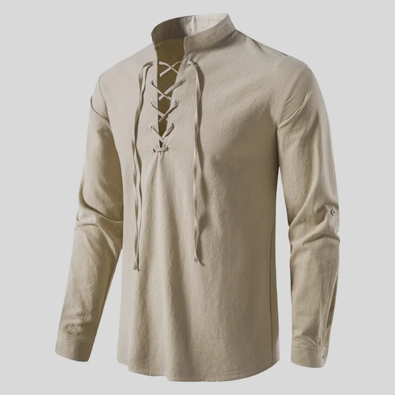 Mens Long-Sleeve Shirt - Relaxed Fit - Lace-Up V-Neck - Casual Boho Style