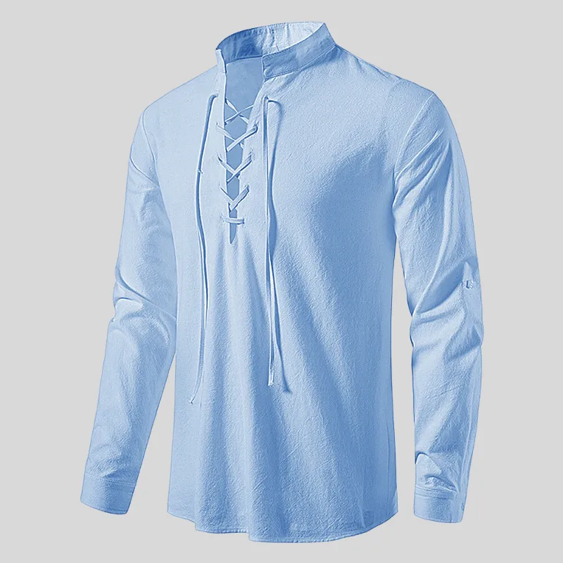 Mens Long-Sleeve Shirt - Relaxed Fit - Lace-Up V-Neck - Casual Boho Style