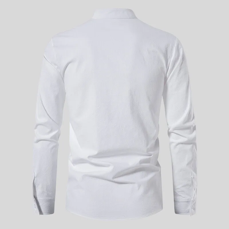 Mens Long-Sleeve Shirt - Relaxed Fit - Lace-Up V-Neck - Casual Boho Style