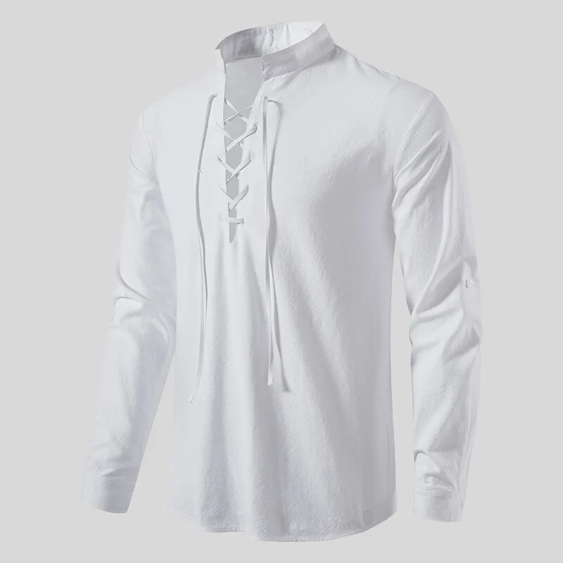 Mens Long-Sleeve Shirt - Relaxed Fit - Lace-Up V-Neck - Casual Boho Style