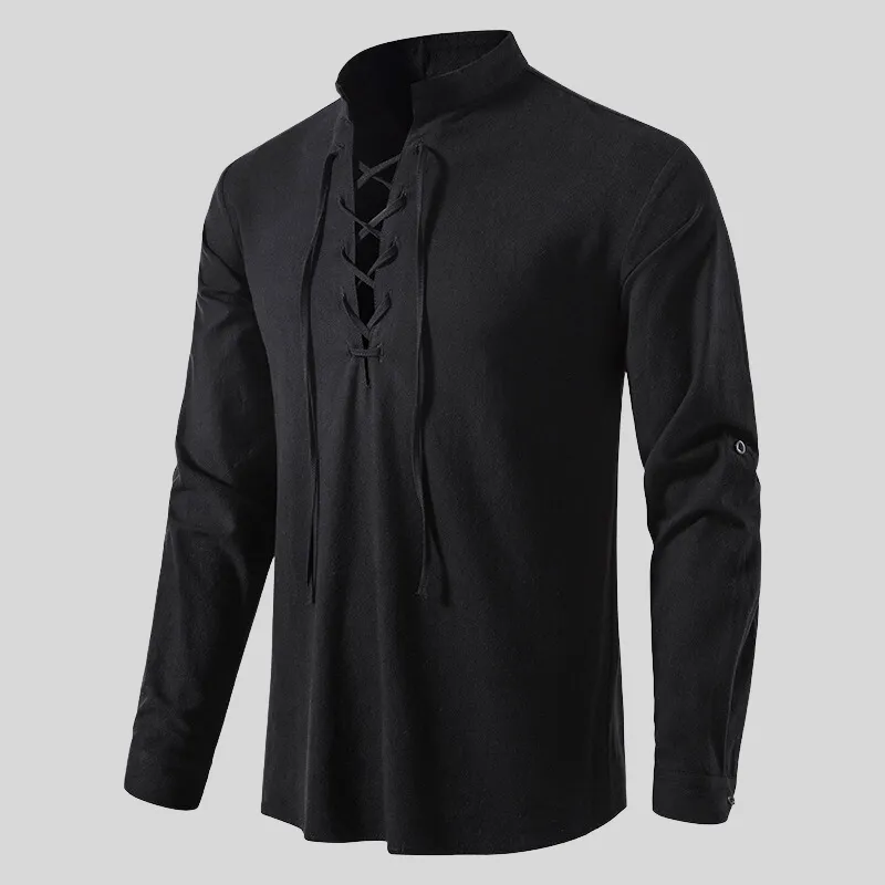 Mens Long-Sleeve Shirt - Relaxed Fit - Lace-Up V-Neck - Casual Boho Style