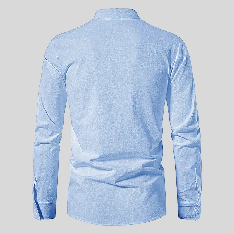 Mens Long-Sleeve Shirt - Relaxed Fit - Lace-Up V-Neck - Casual Boho Style