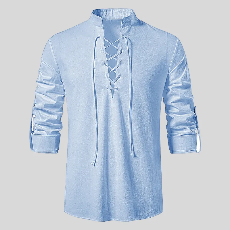 Mens Long-Sleeve Shirt - Relaxed Fit - Lace-Up V-Neck - Casual Boho Style