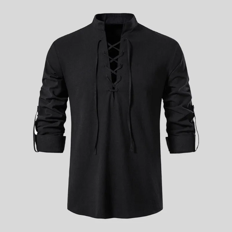 Mens Long-Sleeve Shirt - Relaxed Fit - Lace-Up V-Neck - Casual Boho Style