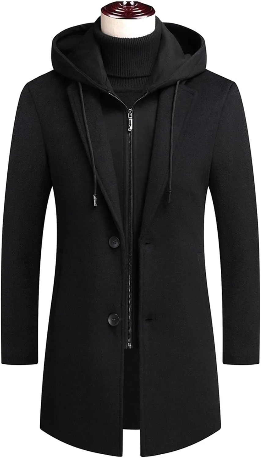 Mens Trench Coat with Detachable Hood Winter Casual Wool Blend Pea Coat Single Breasted Classic Business Overcoat