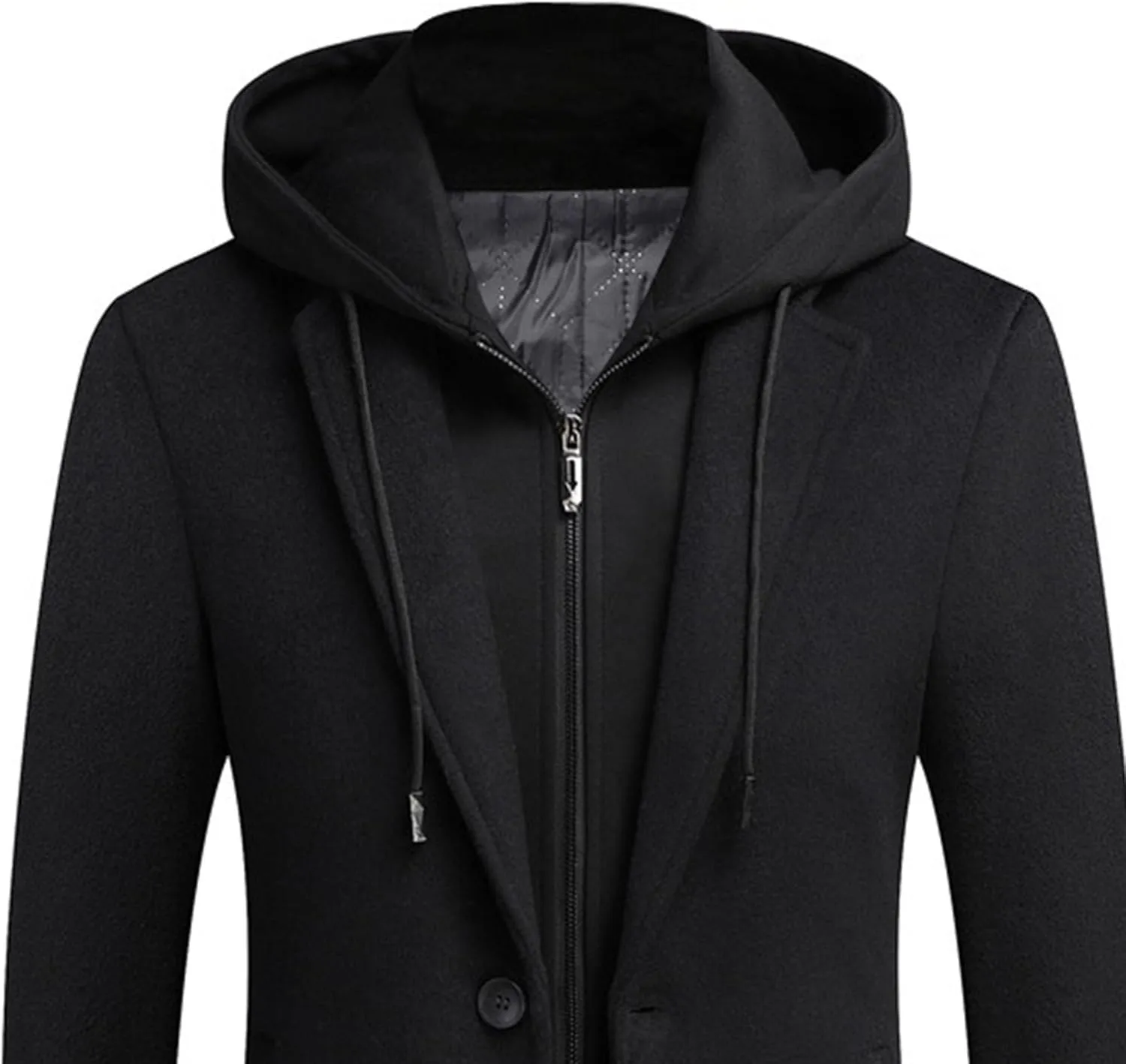 Mens Trench Coat with Detachable Hood Winter Casual Wool Blend Pea Coat Single Breasted Classic Business Overcoat