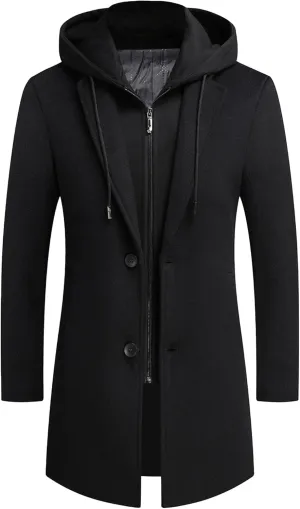 Mens Trench Coat with Detachable Hood Winter Casual Wool Blend Pea Coat Single Breasted Classic Business Overcoat