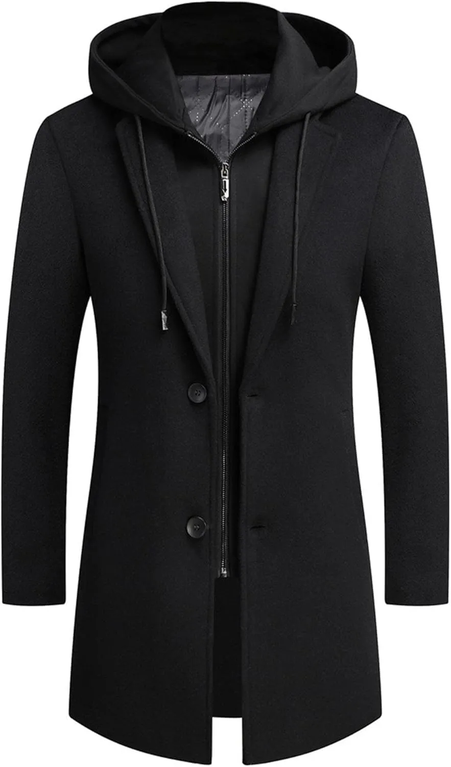 Mens Trench Coat with Detachable Hood Winter Casual Wool Blend Pea Coat Single Breasted Classic Business Overcoat