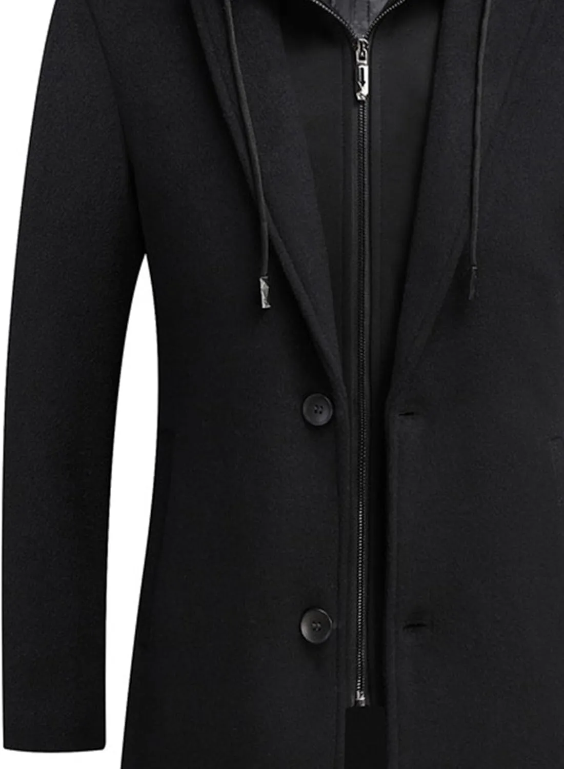 Mens Trench Coat with Detachable Hood Winter Casual Wool Blend Pea Coat Single Breasted Classic Business Overcoat