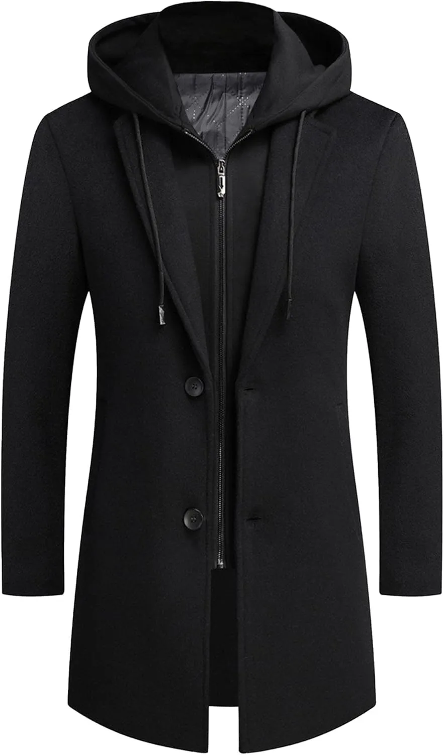 Mens Trench Coat with Detachable Hood Winter Casual Wool Blend Pea Coat Single Breasted Classic Business Overcoat