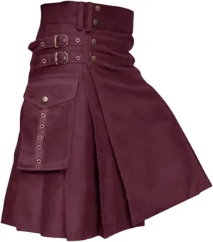 Mens Vintage Scottish Pleated Kilt Irish Highland Hybrid Kilts with Kendo Pocket Retro Medieval Steampunk Utility Skirt