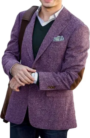 Men's Vintage Tweed Blazer Jacket Classic Fit Winter Two Button Business Jackets Mens Sport Coats with Elbow Patches