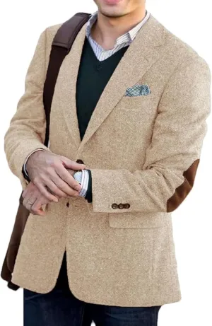 Men's Vintage Tweed Blazer Jacket Classic Fit Winter Two Button Business Jackets Mens Sport Coats with Elbow Patches