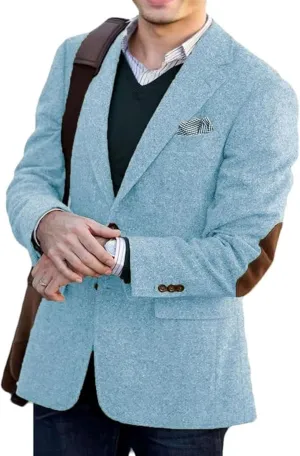 Men's Vintage Tweed Blazer Jacket Classic Fit Winter Two Button Business Jackets Mens Sport Coats with Elbow Patches
