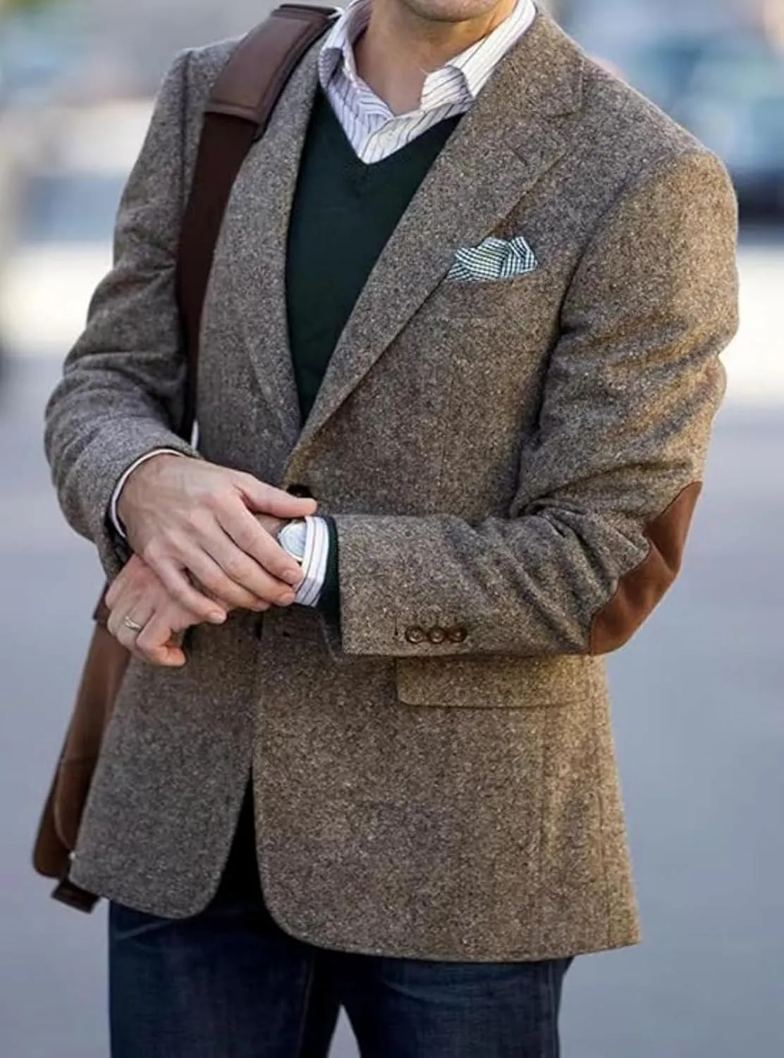 Men's Vintage Tweed Blazer Jacket Classic Fit Winter Two Button Business Jackets Mens Sport Coats with Elbow Patches
