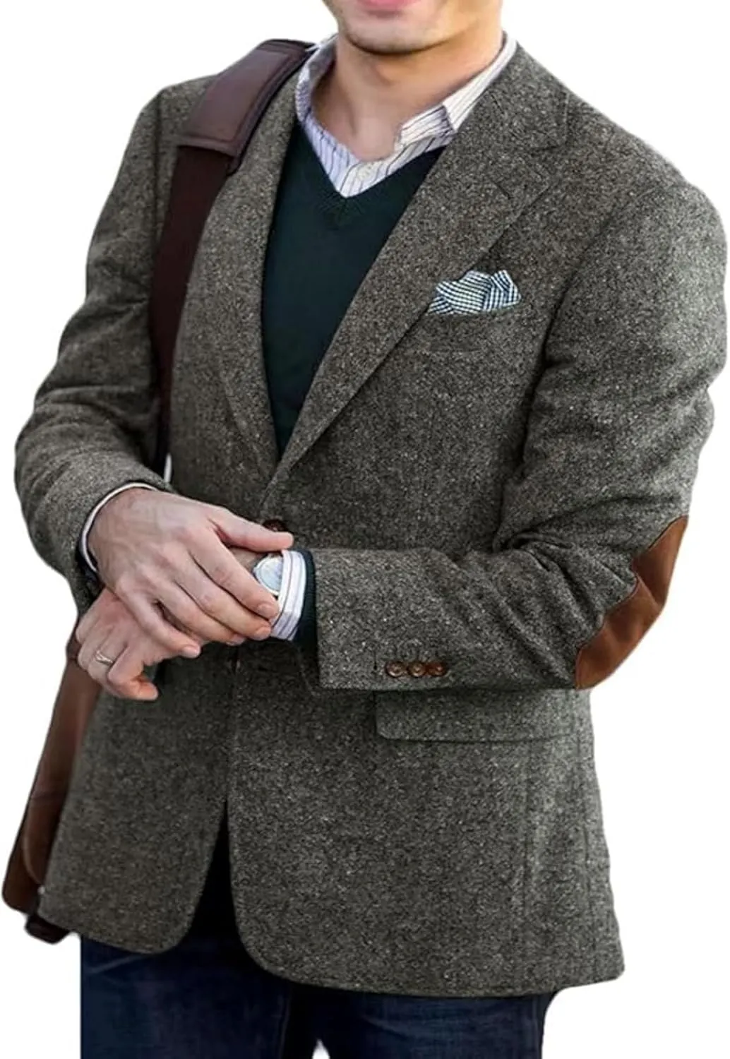 Men's Vintage Tweed Blazer Jacket Classic Fit Winter Two Button Business Jackets Mens Sport Coats with Elbow Patches