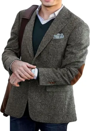 Men's Vintage Tweed Blazer Jacket Classic Fit Winter Two Button Business Jackets Mens Sport Coats with Elbow Patches