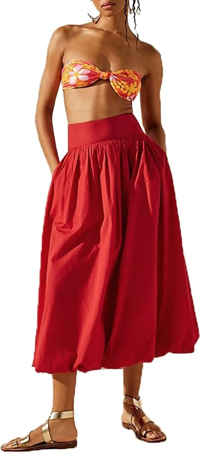 PDLCVD Summer Y2k Bubble Maxi Skirt for Women Casual Elastic Waist A Line Long SkirtRuffle Midi Skirt Sundress