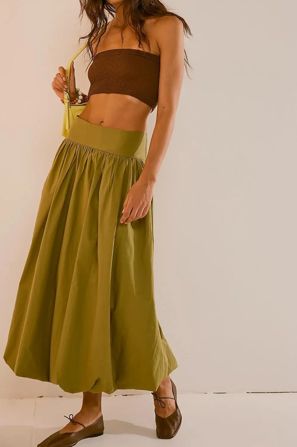 PDLCVD Summer Y2k Bubble Maxi Skirt for Women Casual Elastic Waist A Line Long SkirtRuffle Midi Skirt Sundress