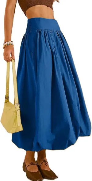 PDLCVD Summer Y2k Bubble Maxi Skirt for Women Casual Elastic Waist A Line Long SkirtRuffle Midi Skirt Sundress