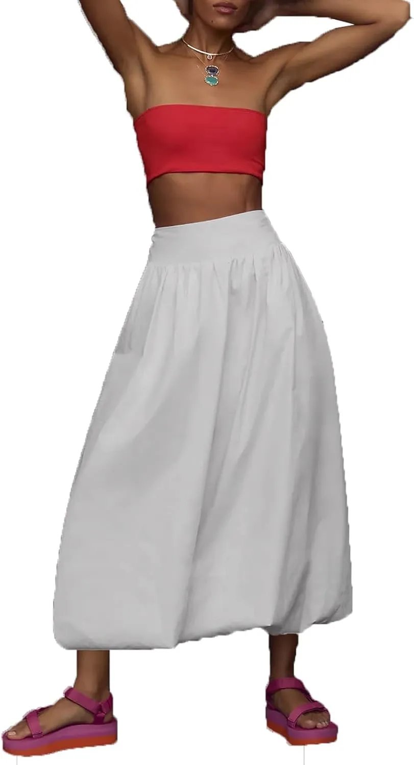 PDLCVD Summer Y2k Bubble Maxi Skirt for Women Casual Elastic Waist A Line Long SkirtRuffle Midi Skirt Sundress
