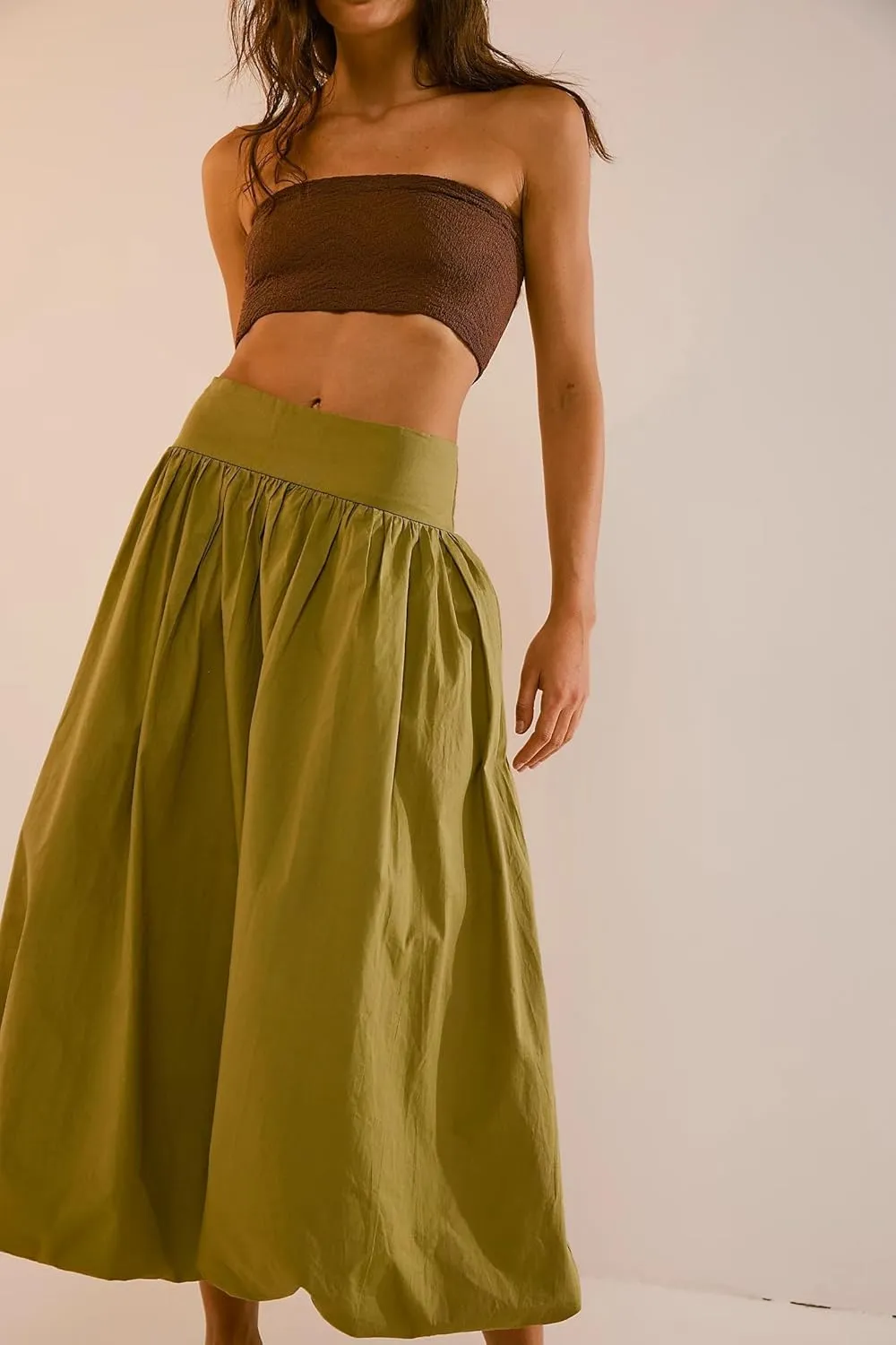 PDLCVD Summer Y2k Bubble Maxi Skirt for Women Casual Elastic Waist A Line Long SkirtRuffle Midi Skirt Sundress