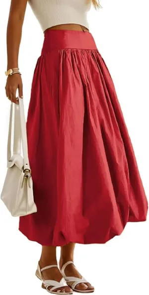 PDLCVD Summer Y2k Bubble Maxi Skirt for Women Casual Elastic Waist A Line Long SkirtRuffle Midi Skirt Sundress