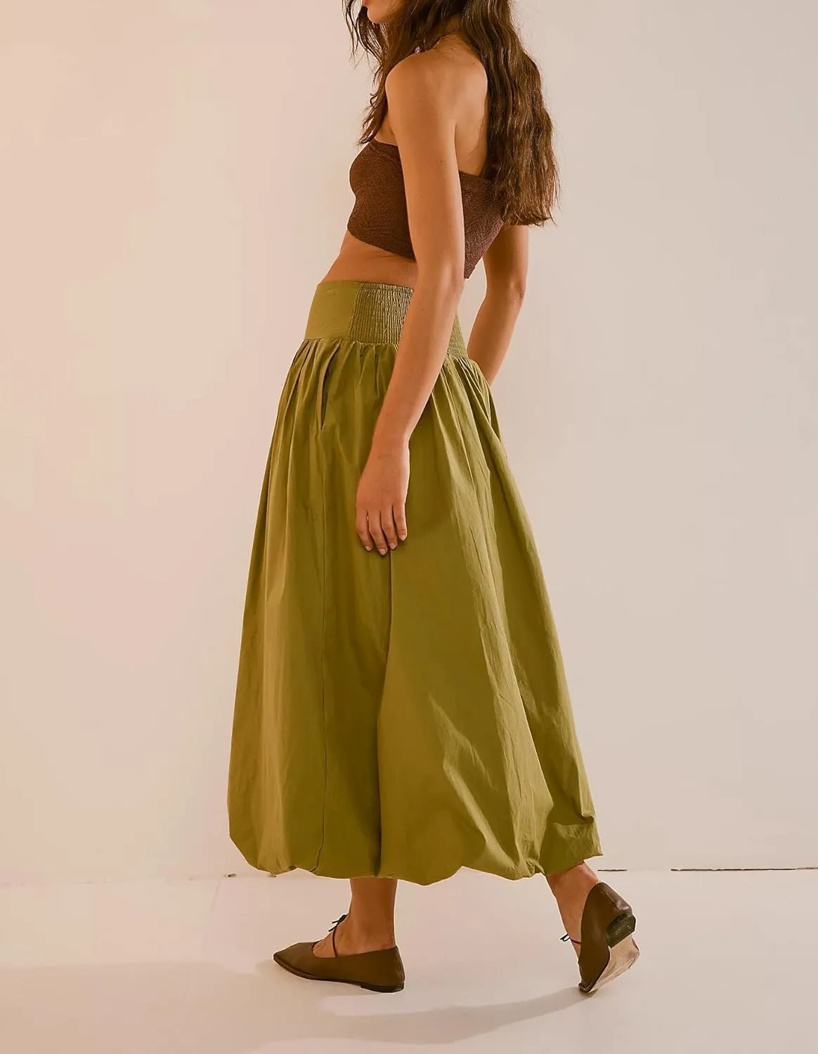 PDLCVD Summer Y2k Bubble Maxi Skirt for Women Casual Elastic Waist A Line Long SkirtRuffle Midi Skirt Sundress