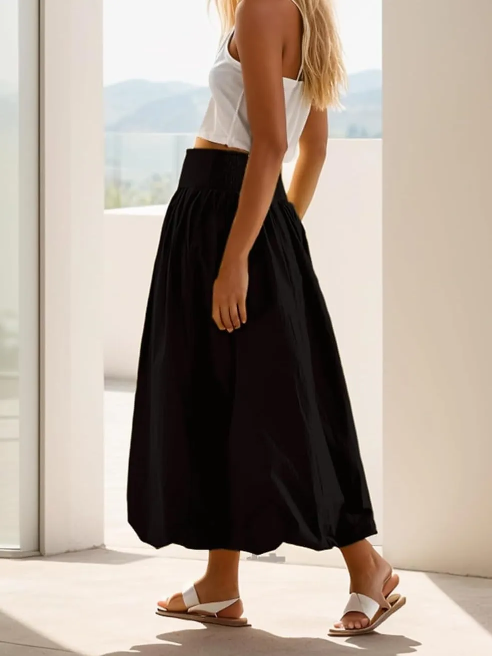 PDLCVD Summer Y2k Bubble Maxi Skirt for Women Casual Elastic Waist A Line Long SkirtRuffle Midi Skirt Sundress