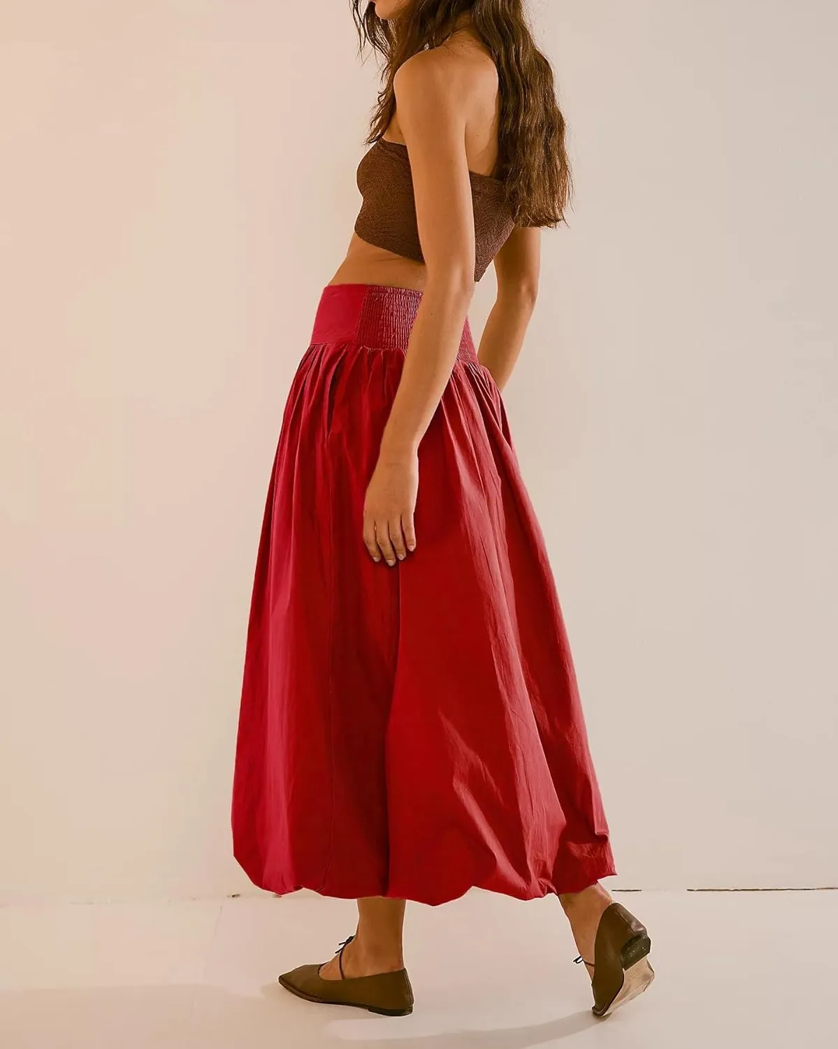 PDLCVD Summer Y2k Bubble Maxi Skirt for Women Casual Elastic Waist A Line Long SkirtRuffle Midi Skirt Sundress