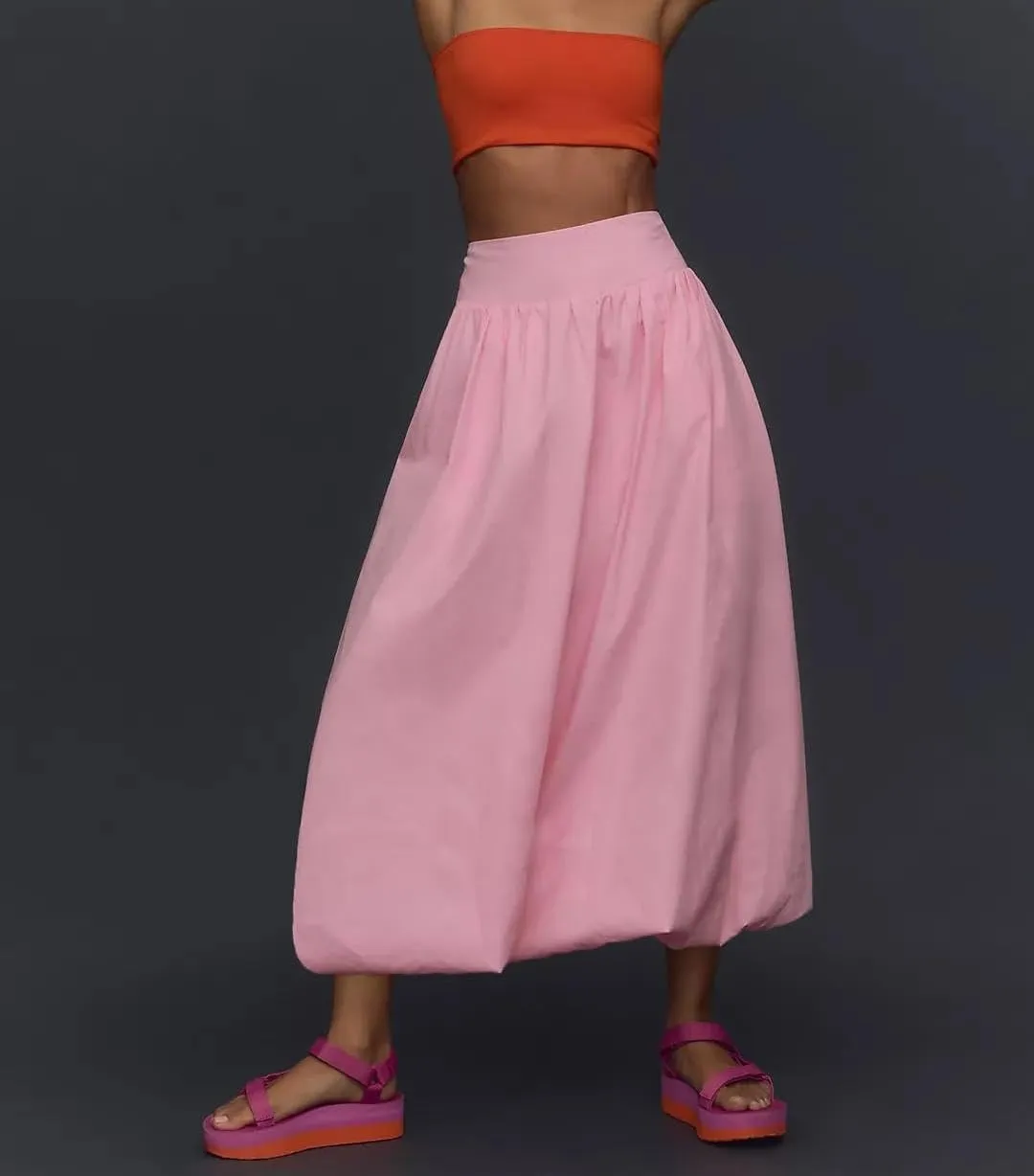 PDLCVD Summer Y2k Bubble Maxi Skirt for Women Casual Elastic Waist A Line Long SkirtRuffle Midi Skirt Sundress