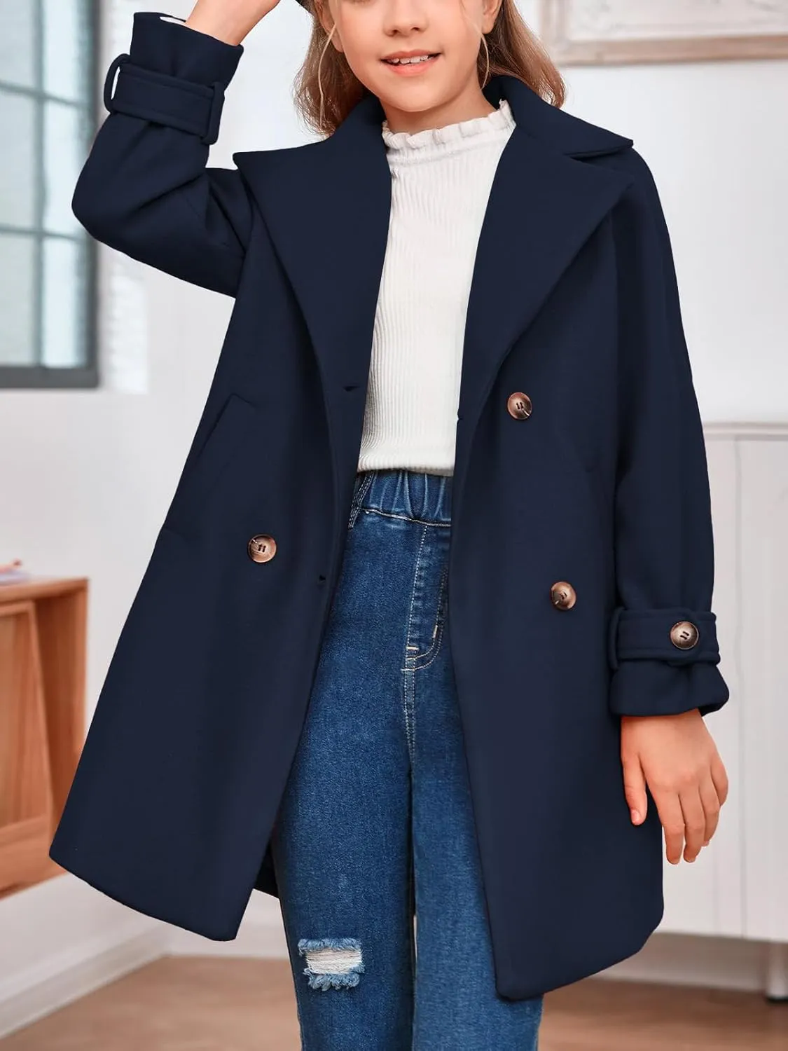 rrhss Girls Wool Blend Coat Double Breasted Classic Jacket Spring Fall Outwear Dress Coats With Pockets