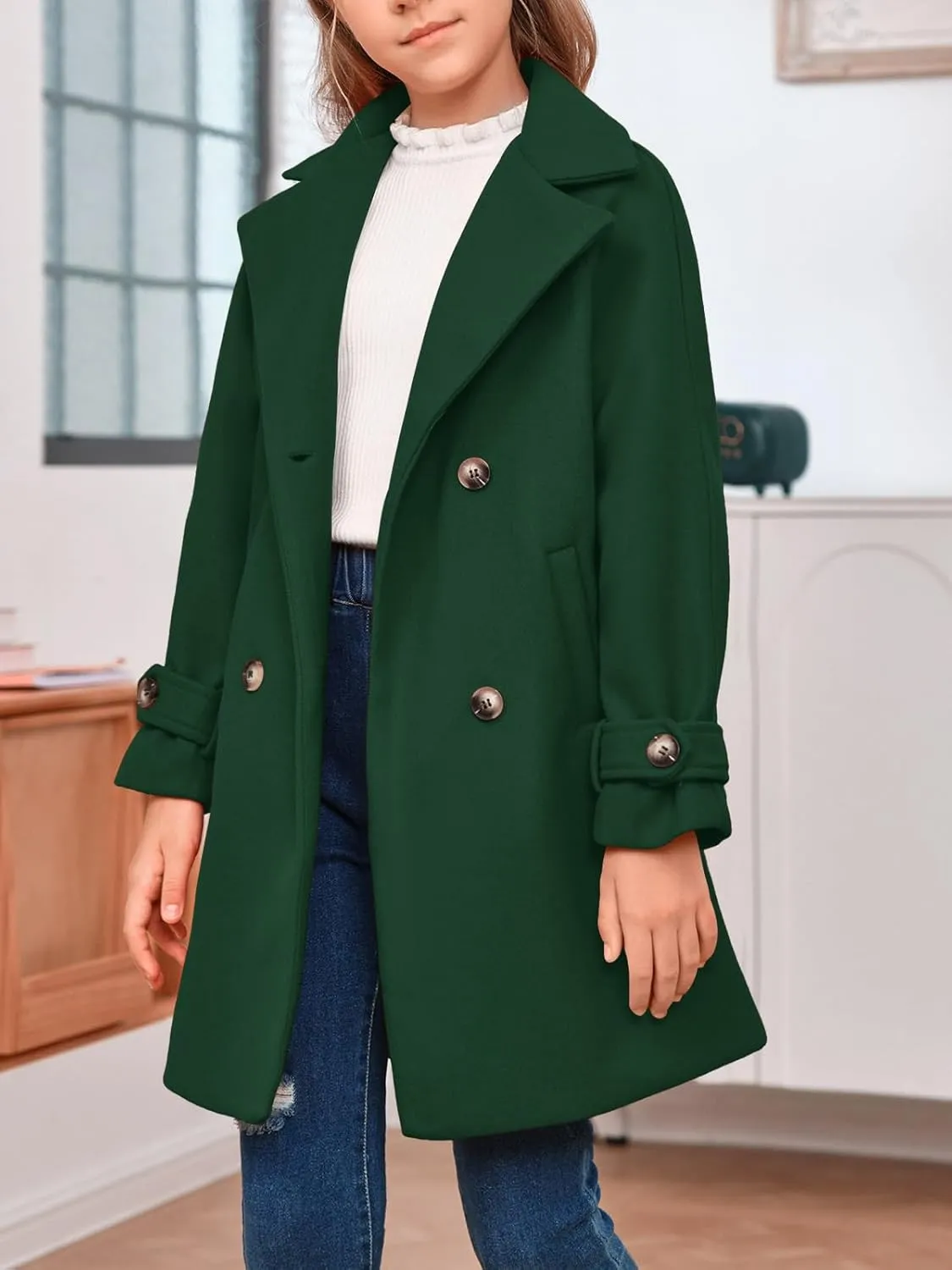 rrhss Girls Wool Blend Coat Double Breasted Classic Jacket Spring Fall Outwear Dress Coats With Pockets