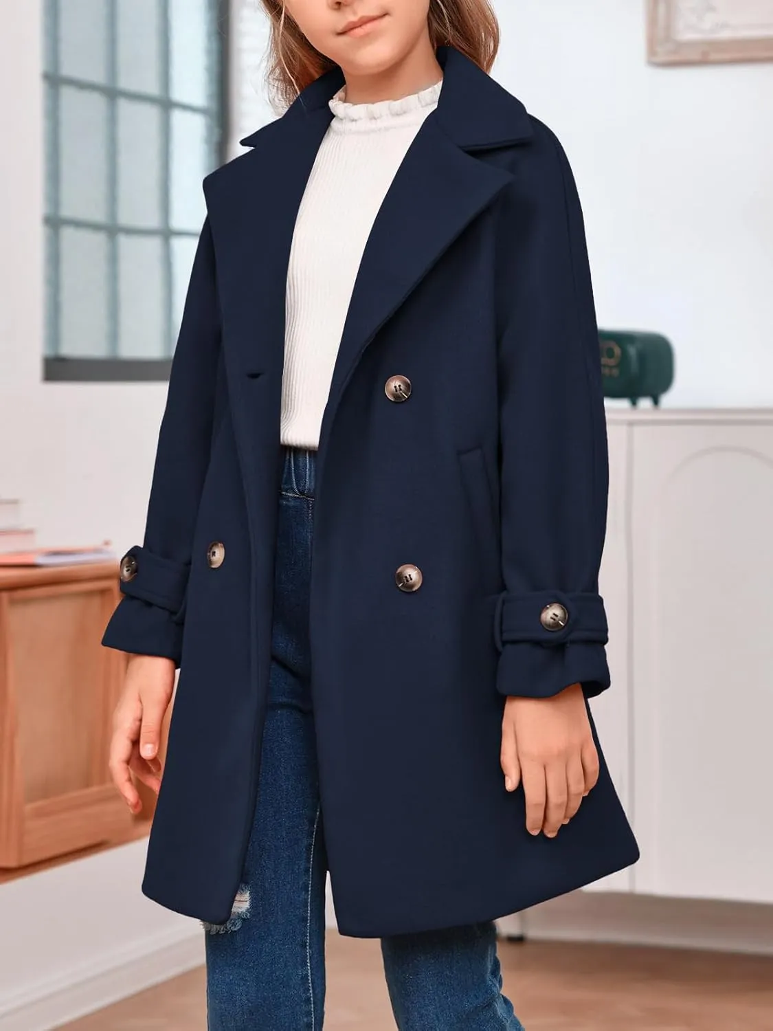 rrhss Girls Wool Blend Coat Double Breasted Classic Jacket Spring Fall Outwear Dress Coats With Pockets
