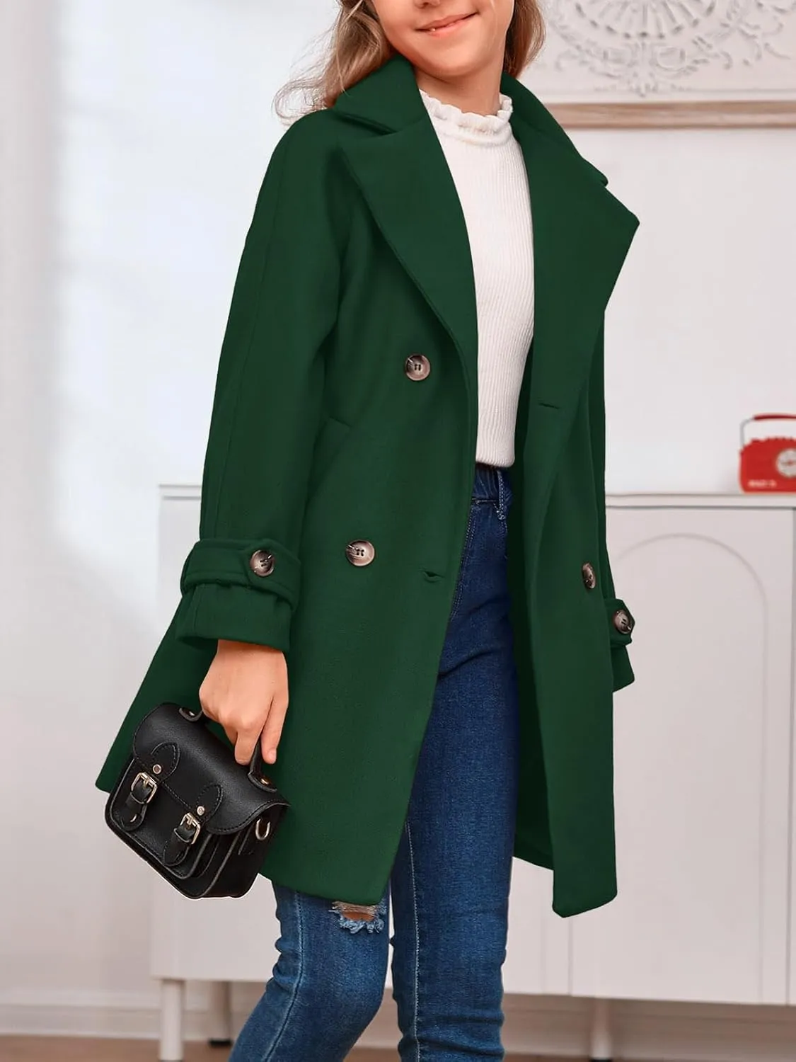 rrhss Girls Wool Blend Coat Double Breasted Classic Jacket Spring Fall Outwear Dress Coats With Pockets