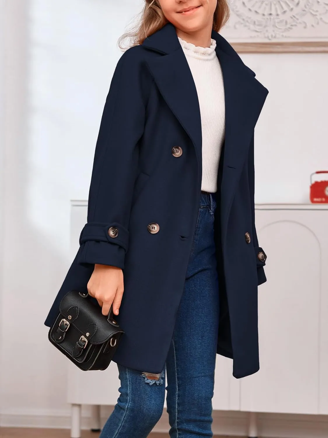 rrhss Girls Wool Blend Coat Double Breasted Classic Jacket Spring Fall Outwear Dress Coats With Pockets