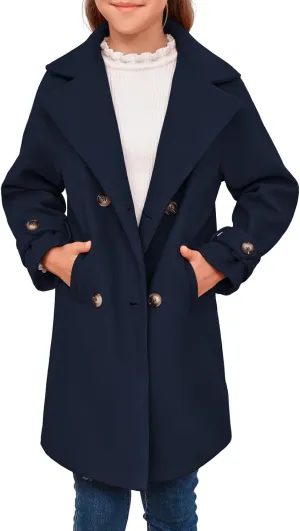 rrhss Girls Wool Blend Coat Double Breasted Classic Jacket Spring Fall Outwear Dress Coats With Pockets