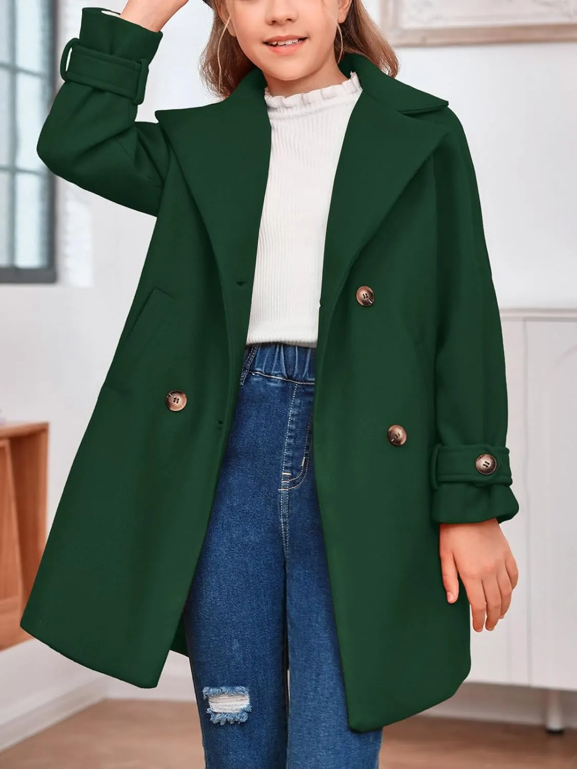 rrhss Girls Wool Blend Coat Double Breasted Classic Jacket Spring Fall Outwear Dress Coats With Pockets