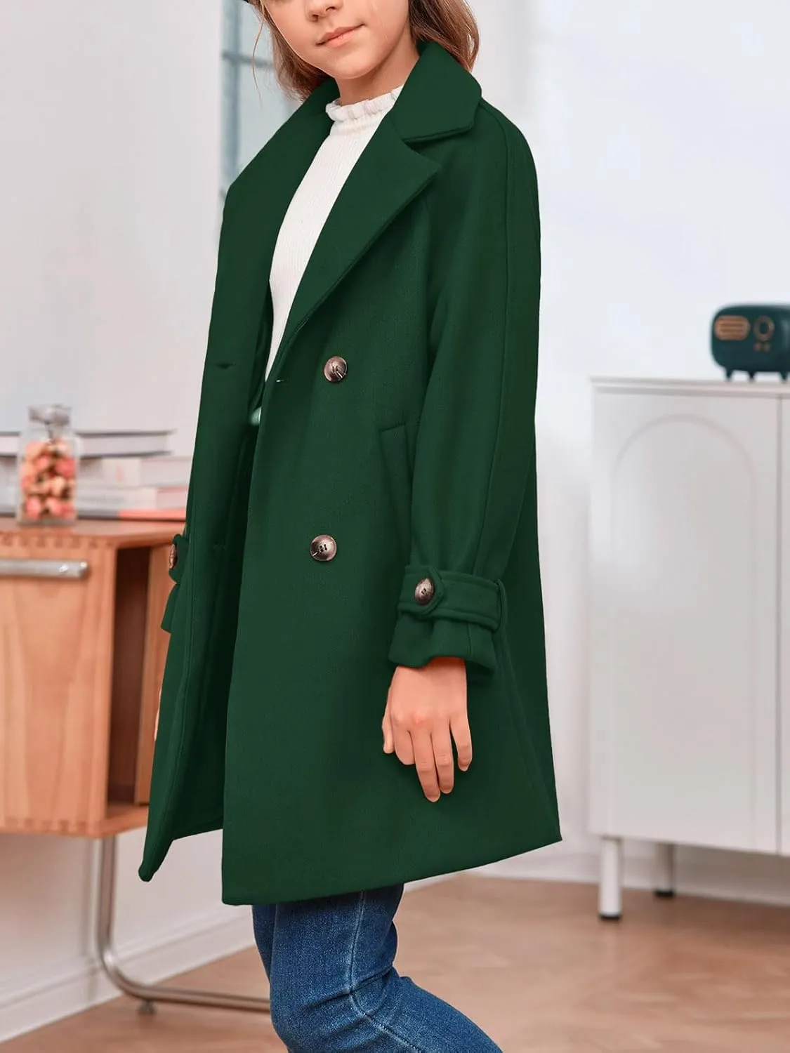 rrhss Girls Wool Blend Coat Double Breasted Classic Jacket Spring Fall Outwear Dress Coats With Pockets